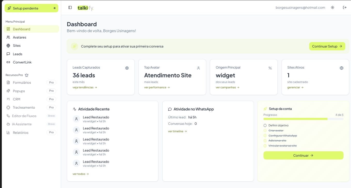 Dashboard do CRM Talkify
